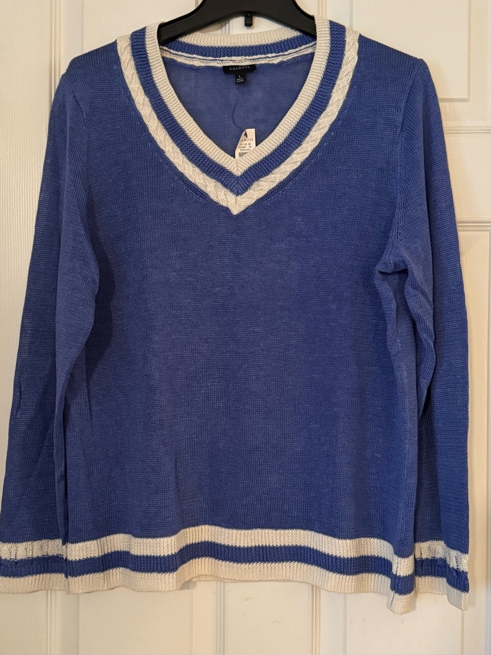 NWT Talbots Blue V-Neck Stripe Trim Sweater